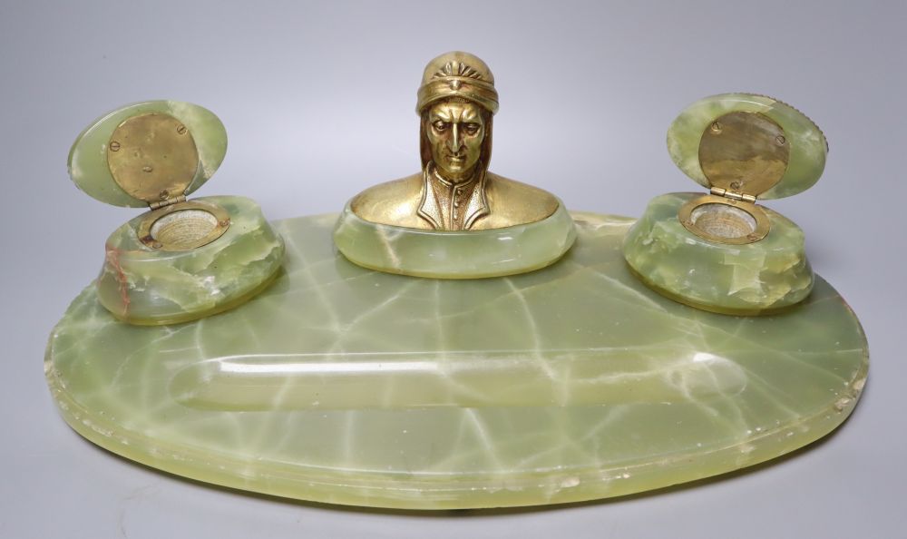 A green onyx desk stand, surmounted with a bust of Dante, 45cm